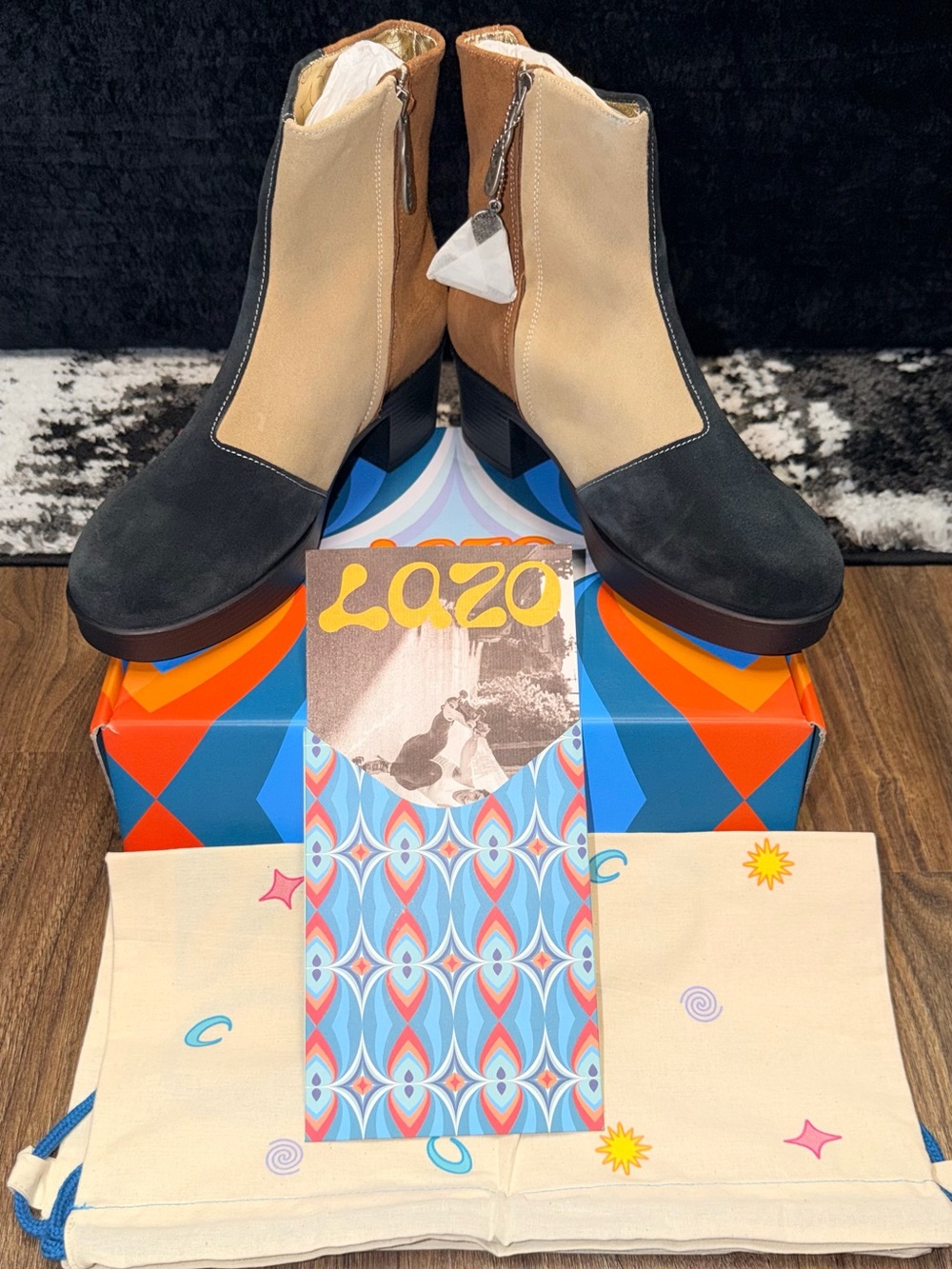 Three -Tone Women's Ankle Boots in Black and Tan/vanilla scented sole